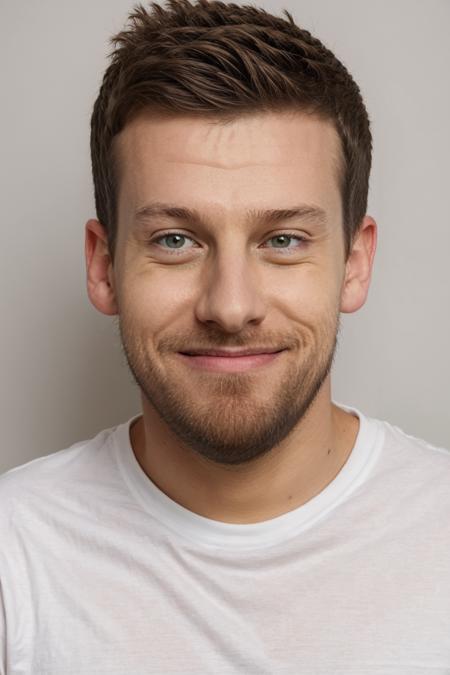 headshot of chris ramsey, plain bright pastel background, white shirt <lora:ChrisRamseyLora:1>