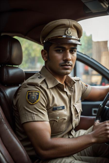 a stunning intricate full color torso portrait, 1boy, handsome Indian (man:1.3) as a police officer, wearing a khaki Indian police uniform, police cap (Indian_Police_Uniform:1) <lyco:Indian_Police_Uniform_V1:1.0> in a police jeep, detailed skin, epic character composition, sharp focus, full focus, realistic light, subsurface scattering, f25, 35mm, film grain, analog style,  epiCRealism