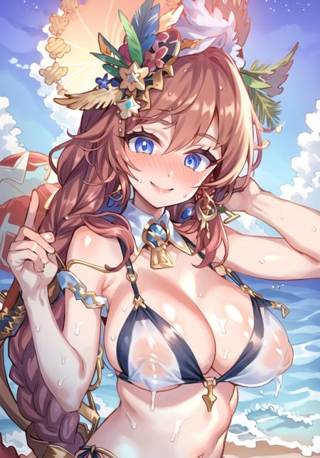 1girl, breasts, long hair, swimsuit, solo, bikini, hair ornament, blue eyes, blush, hair between eyes, large breasts, red hair, food, sunset, outdoors, navel, feathers, bangs, bare shoulders, white bikini, feather hair ornament, o-ring, areola slip, very long hair, beach, sweat, cleavage, sky, ocean, detached collar, cloud, o-ring bikini, orange sky, collarbone, looking at viewer, holding, o-ring top, upper body, layered bikini, sun, covered nipples, day, smile, <lora:mimonel:1>