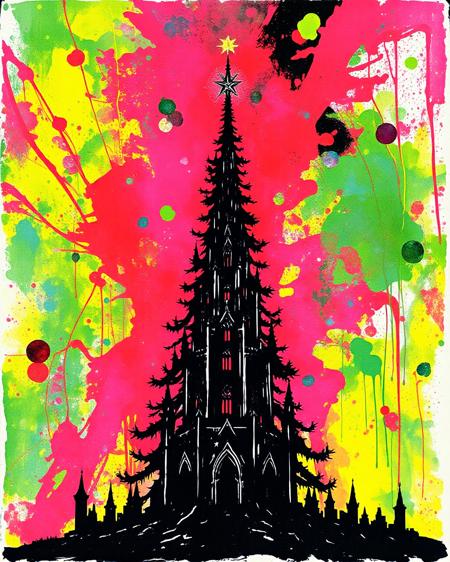 bo-christmas
Against a vibrant neon background in the style of Jackson Pollock there is a silhouette ink drawing of a lone Christmas Tree that reaches to the upper atmosphere, the tree is a mixture of gothic and modern brutalist architecture, exuding a sense of power and dread