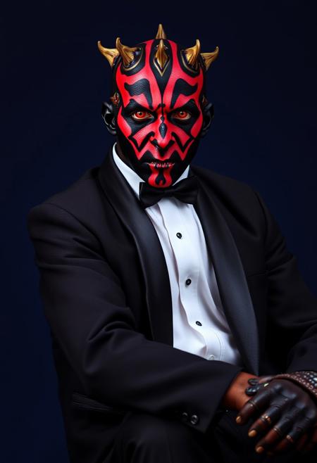 ​A studio shot hyper-realistic portrait of Darth Maul. He is sat in a formal tuxedo dinner suit. He wear a black jacket, crisp white shirt and black bow tie against a dark blue backdrop. He looks directly toward the camera. Professional studio portrait photography with classic portrait lighting and shallow depth of field against a seamless backdrop.