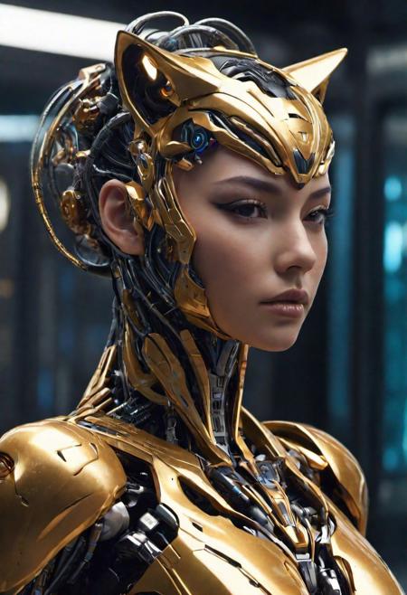 cybernetic style Prepare for a thrilling glimpse into the future as we present the Cybernetic Tiger Queen and her Mechanized Companion in astonishing photorealistic detail. Captured in ultra-high definition 8K resolution, the regal monarch dons luxurious gold adornments, her expression poised between fierce determination and irresistible charm. Accompanying her is a state-of-the-art robotic tiger, seamlessly combining cutting-edge technology with raw power. Each component appears authentic, right down to the finest wires and artificial muscle fibers. Intricately textured locks tumble into a tousled bun, revealing subtle wisps framing her face. An elaborate, hyperrealistic environment surrounds our subjects, imbuing depth and context to this incredible vision. Expertly lit by dynamic cinematographic techniques, this masterpiece propels us headfirst into a fascinating world where advanced engineering meets unparalleled elegance. Brace yourself for a breathtaking journey beyond the limits of possibility! . futuristic, technological, cybernetic enhancements, robotics, artificial intelligence themes