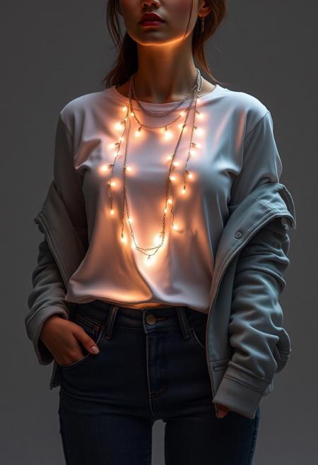 subdermal LED cascade necklace, (internal LED glow:1.7), (embedded LEDs:1.8) forming cascading, layered light patterns beneath the skin, (soft glowing strands:1.6), paired with casual chic attire, (simple white t-shirt:1.3), (high-waisted jeans:1.4), (ankle boots:1.3), (light makeup with glowing skin:1.2), (minimalist jacket:1.3), high-definition, (ultra-realistic textures:1.7), glowing cascade light pattern enhancing the casual look, modern yet subtle, (worn jewelry:-1.8), (chains:-1.8), (rigid design:-1.5), (overexposed light:-1.4), tech-inspired beauty