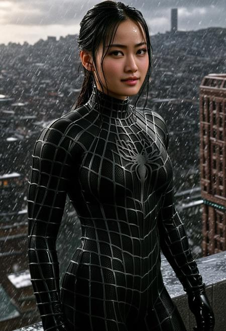 score_9, score_8_up, score_7_up, best quality, realistic, masterpiece, beautiful detail, hyperrealistic, 1girl, korean girl, on a building, rainy scenery, professional model of <lora:Spider-Man:1.5>, wears ultra - detailed black raimi spider - man suit, ultra - detailed and grained black raimi spiderman suit, suit covered entire body and hand, black spiderman gloves, braid hair, wet, cute handpose, light smile, (full body on camera), big breasts, (dirty skin), muscular bodybuilder girl, close up, octane render, highly detailed, volumetric, dramatic lighting, (highest quality:1.1), (HDR:1.3), (top quality, best quality), realistic, high definition,