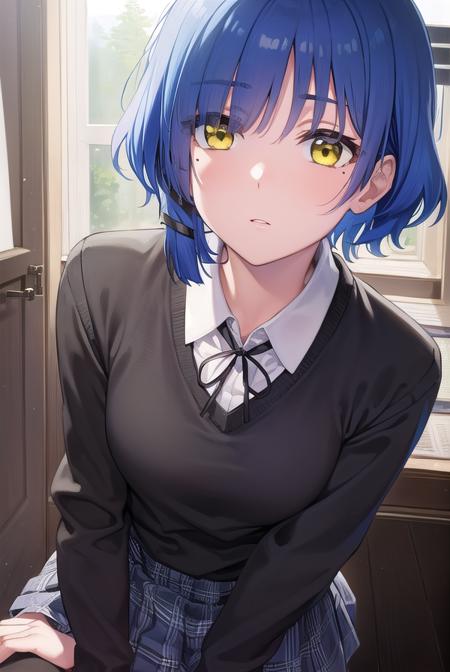 ryouyamada, <lyco:ryouyamada-lyco-nochekaiser:1>, 
ryou yamada, blue hair, eyes visible through hair, mole, mole under eye, short hair, (yellow eyes:1.5), hairclips,
BREAK black pantyhose, black ribbon, blue skirt, brown footwear, loafers, long sleeves, pantyhose, ribbon, school uniform, shimokitazawa high school uniform, shirt, shoes, skirt, white shirt,
BREAK indoors, classroom,
BREAK looking at viewer, (cowboy shot:1.5),
BREAK <lyco:GoodHands-beta2:1>, (masterpiece:1.2), best quality, high resolution, unity 8k wallpaper, (illustration:0.8), (beautiful detailed eyes:1.6), extremely detailed face, perfect lighting, extremely detailed CG, (perfect hands, perfect anatomy),