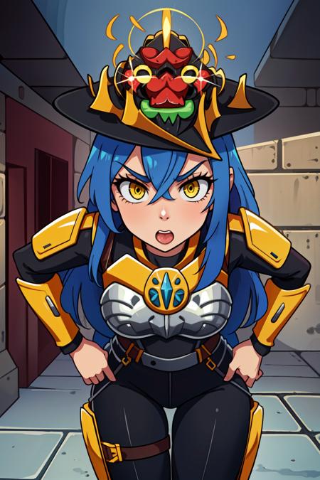 Dang_rs3 blue hair, long hair, yellow eyes, black body suit, breastplate, red armor, hat, fingerless gloves,