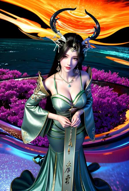 <lora:liushen3:0.85>(liushen)
 1girl, magic, long hair, solo, blue fire, fire, dress, full body, lightning, wide sleeves, spirit, black hair, (chinese traditional style), chinese clothes, (hair ornament), glowing, (hitodama), energy, barefoot, horns, green hair, breasts, floating, green dress, green magic, green light,looking at viewer,close up,
(8k,4k),ultrares,(highres:1.6),(masterpiece, top quality, best quality),extreme detailed,(colorful:1.4),highest detailed,ultra-detailed,(highly detailed CG illustration),ultra-fine painting,(Vivid Colors:1.1):1.4, 1girl, solo, looking at viewer,(masterpiece), (best quality), (ultra detailed),(highres), absurdres, (ultra realistic 4k CG), delicate pattern, intricate detail,best illumination,best shadow,natural lighting, 1girl, solo,necklace,earings,jewelry, ((black hair:1.2)), solo, earrings, long hair, necklace,smile, floating hair, (Japanese style architectures:1.2 at the downside),outdoors, Area occupied by the girl is less than 1/2 of the total area, (floating in the sky),long legs,(large breasts),cleavage,upper body,
(pov:1.85),
show legs,
<lora:more_details:0.5> <lora:epi_noiseoffset2:1>