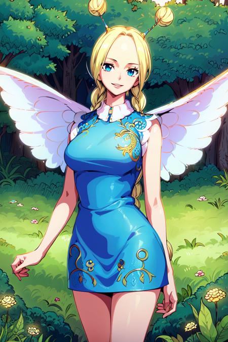 masterpiece, ((ultra detailed background, delicate pattern, intricate detail)), (highly detailed, fine details), best quality, beautiful lighting, ((medium breasts, slim girl)), Conis, 1girl, solo, blonde hair, wings, twin braids, smile, dress, blue eyes, bun, complex detailed background, blue sky, grass, trees, nature environment, (cowboy shot),   <lora:Conis:0.75>