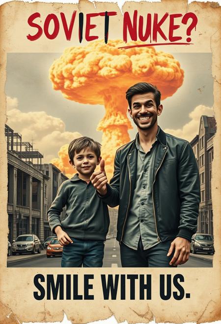 “A decayed, vintage-style poster from 2024, weathered and torn, depicting a surreal and apocalyptic scene in a contemporary setting. The faded image shows a man (the father) and his young son, both in modern clothes. The father holds the son’s hand with one hand, while making an exaggerated ‘OK’ sign with his other hand, his wide, mad smile radiating an eerie and unsettling charm. In the far background, a massive nuclear mushroom cloud rises ominously, with fiery orange fireballs at its base and visible blast waves rippling through the urban landscape. The scene is set in a desolate, abandoned city, with ruined buildings and empty streets. The poster’s bold text, ‘SOVIET NUKE?’ across the upper section and ‘SMILE WITH US’ in the lower section, is faded, smeared, and inked with scribbles and stains. The paper appears rotten, with tears, creases, and discolored edges, contributing to the haunting, post-apocalyptic atmosphere of the piece.”