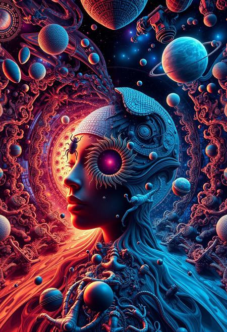 DMT, lsd inspired optical 3d inner mind journey, illusion in time  . includes hidden  traces of, bio matter, insects, faces, reptilian creatures, planets, microbes, peaceful , inspirational,deep sea life , yin yang, cycle of life, surf, AI cyborg integration