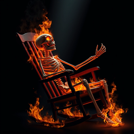 skeleton relaxing on a rocking chair while completely on fire while screaming, glowing eyes, dark background, vertical spotlight over subject,