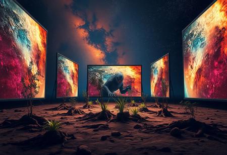 A ground   surrounded by large screens, with  plants roots fillaments .  cosmos background with  a monster creature in space.
