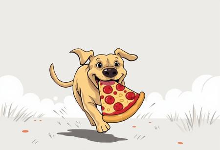 illustration in artstyle that features a labrador retriever running away with a big slice of pizza in his mouth