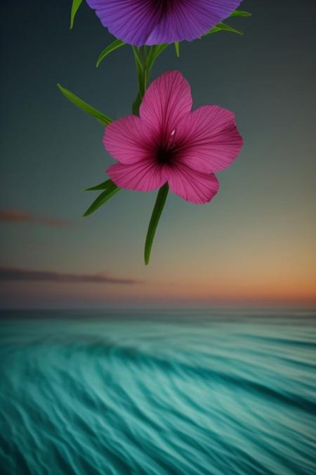 zavy-fltlnpnt, an island, a magical island setting in hawaii, made up of surreal imagery, colorful lights of a beautiful sunset swirl and streak across the sky creating fantastical imagery. Magical scenery blending the ideas of cool relaxing ocean waves and swaying green palm trees, beautiful hibiscus flowers blooming in all various colors leaving a soothing calm and colorful spectacle of wonder. Colorful light show, thick lines, line art, flat art, enhanced background, creative, beautiful, vibrant, masterpiece, 8k, Ultra HD, amazing details, amazing quality, amazing artist, sharp edges, detailed textures, full view, atmospheric lighting, amazing visuals