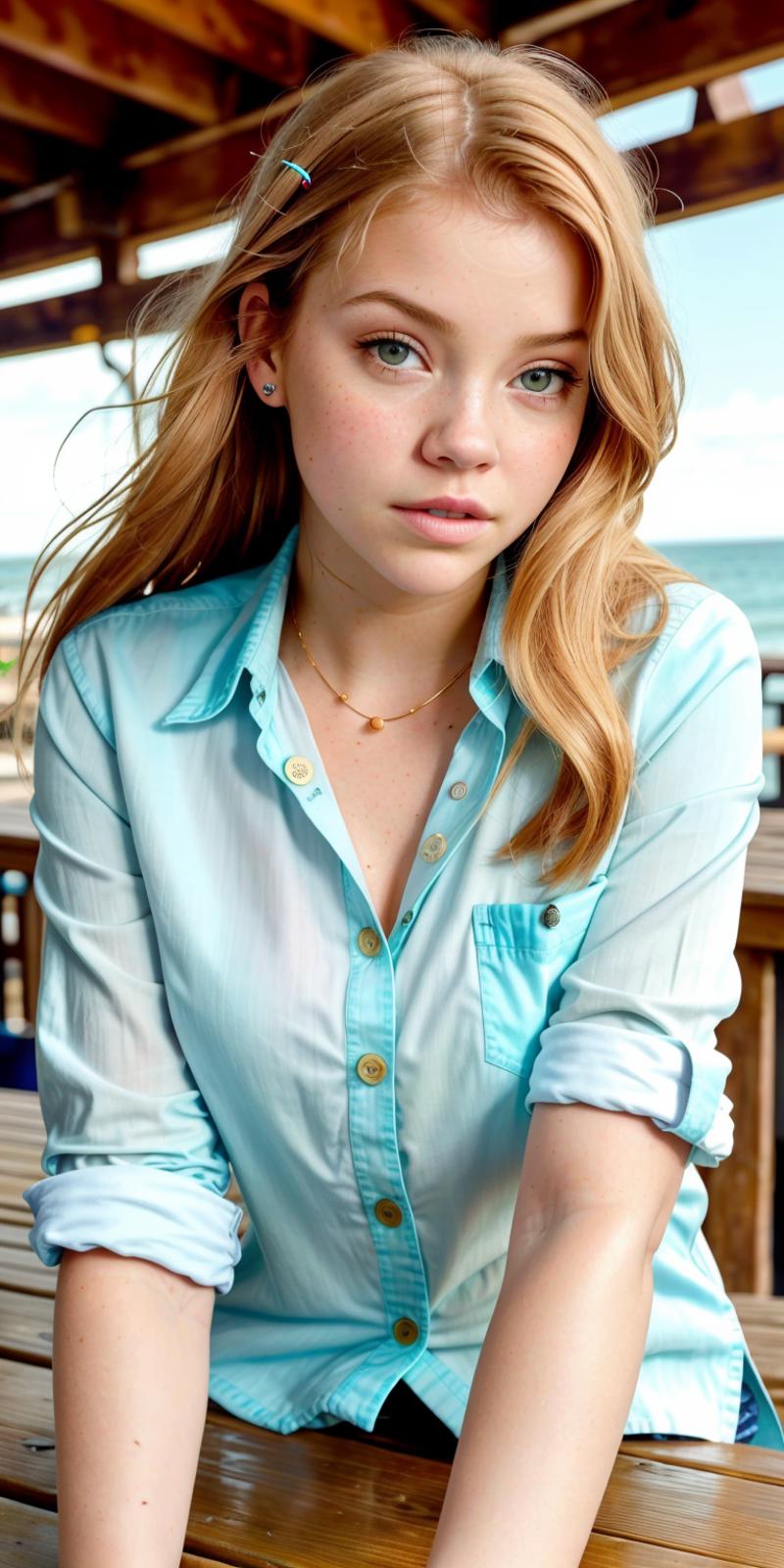A beautiful young woman wearing a light blue shirt.