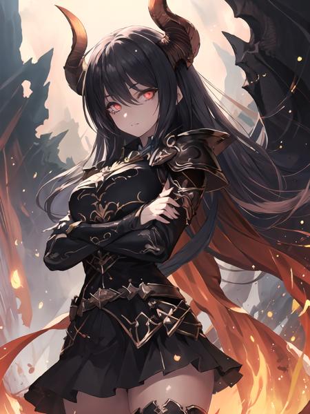 masterpiece,best quality,highres,cinematic lighting,dramatic angle,1girl,<lora:ForteV13-000030:0.8:lbw=forte>,black hair,horns,red eyes,long hair,black armor,thighhighs,skirt,looking at viewer,serious,skirt,cape,fire,symbol-shaped pupils,portrait,arms crossed,crossed arms,arms around chest,from below,glowing eyes,shaded face,depth of field,dragon in the background,close-up