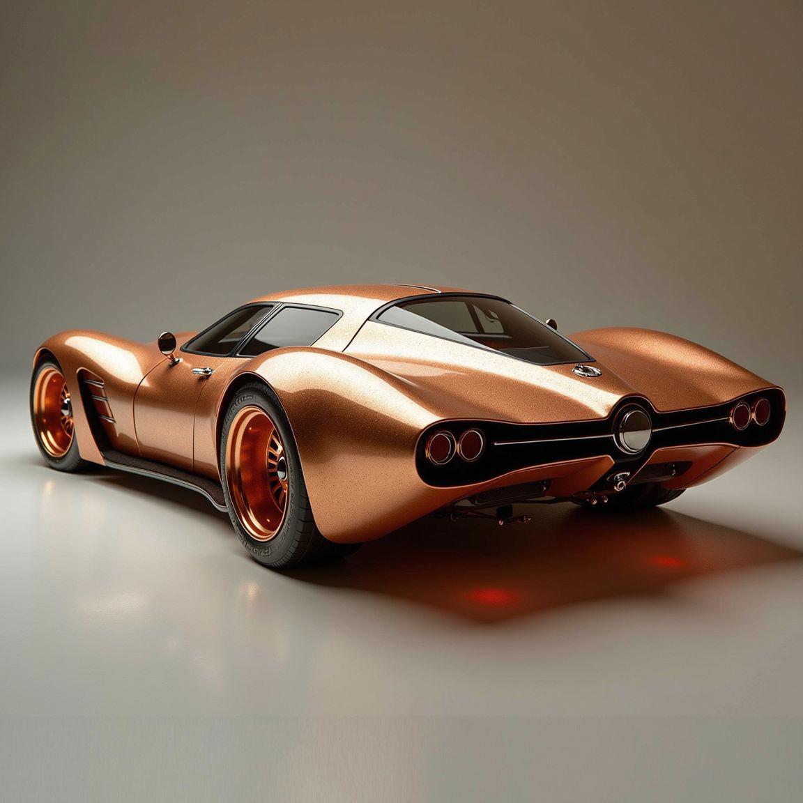 the image is featuring a photograph of a concept of a aerodynamic space engineered (car:0.4) design made out of copper and gold