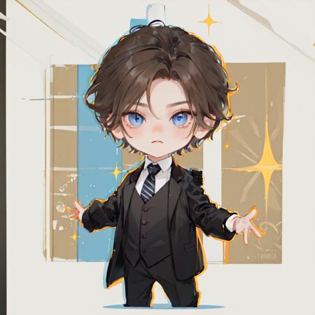 WW_Q, chibi,1boy, +++, + +, bangs, black hair, black jacket, black necktie, blue eyes, border, brown hair, closed mouth, diffraction spikes, formal, glint, holding, jacket, looking at viewer, male focus, necktie, outline, outside border, shirt, short hair, solo, sparkle, sparkle background, sparkling eyes, striped background, suit, white border, white outline, white shirt, amamiya ren, hat, collared shirt, twitter username, headwear removed, hat removed, holding clothes, holding hat<lora:WW_Q-000008:1:MIDD>