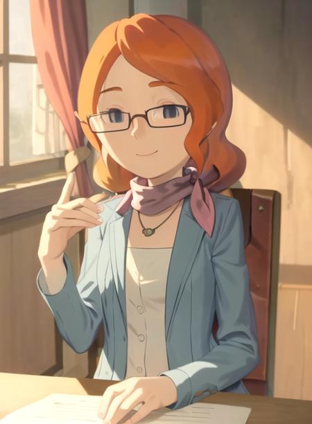 best quality, (masterpiece),(ultra-detailed), (high quality), (high resolution), <lora:clairef-10:1>,1girl,orange hair, chair, claire foley, glasses, hairclip, indoors, jacket, jewelry, long hair, necklace, scarf, skirt, sleeveless, smile, sun hat, upper body, variations