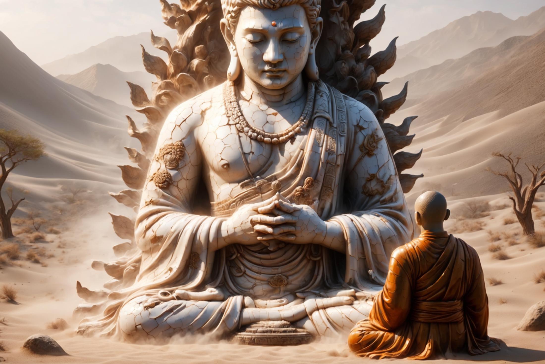 A statue of Buddha with a monk in front of it.