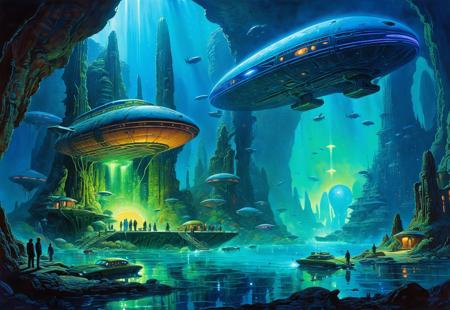 neo-Watercolors, Broad Brushstrokes, tight colors, A thriving bioluminescent ecosystem inside a sunken alien city, glowing with strange life, sci-fi zeppelins, pulp fiction magazine art, accurate, refined, defined, highly detailed, follow negative prompts,