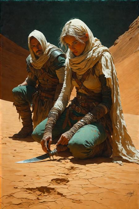 A weathered tracker kneels in cracked desert earth, fingertips tracing faint claw marks, her sun-faded scarf flaring against ochre dunes. Behind her, a broad-shouldered ranger in patched jade leathers leans forward, hand resting on a bone-handled knife, their shadows elongated by raking amber twilight. Hyper-detailed digital painting in Karla Ortiz's layered realism meets Jean-Baptiste Monge's earthy textures: sun-bleached leather grain, wind-etched sandstone, gossamer dust motes catching the last molten light. Sweltering stillness amplifies tension—a lone scarab skitters near the tracks, while distant storm clouds bruise the horizon, their electric charge humming beneath the tableau’s forensic focus.