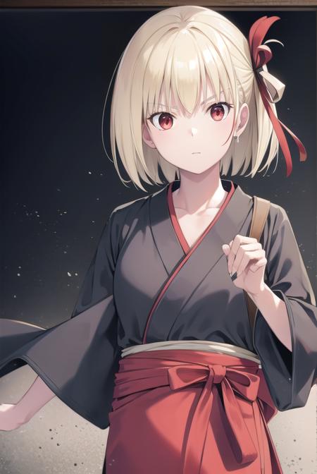 chisatonishikigi, <lyco:chisatonishikigichickeiii-lyco-nochekaiser:1>, 
nishikigi chisato, short hair, bangs, blonde hair, (red eyes:1.5), hair ribbon, one side up, bob cut,
BREAK japanese clothes, kimono, apron, red ribbon, waitress, red kimono,
BREAK indoors, cafe,
BREAK looking at viewer, (cowboy shot:1.5),
BREAK <lyco:GoodHands-beta2:1>, (masterpiece:1.2), best quality, high resolution, unity 8k wallpaper, (illustration:0.8), (beautiful detailed eyes:1.6), extremely detailed face, perfect lighting, extremely detailed CG, (perfect hands, perfect anatomy),