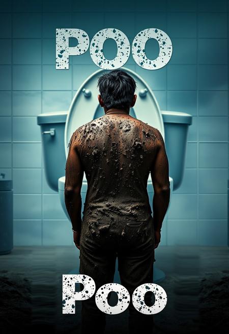 A Hollywood movie poster, featuring a photograph of An indian guy covered by mud. (front centered wide shot, huge toilet in the distance with a scary aura, big size difference, rear view of the indian guy. Movie title text says "The final Poo"