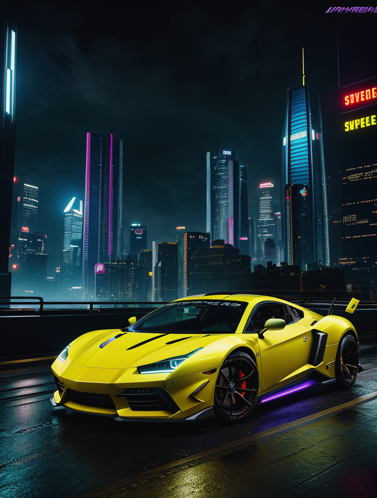 cyberpunk 2077 supercar, blue, in cyberpunk 2077 city photoshoot, running at high speed, glowing lights, speed sensation, well framed at middle range, neon colored luxury rims, slammed, extreme detail, illegal race car, extreme photorealistic, 3D, 8k, Hyper detailed car, perfect soft lighting, great lighting, car photography, fisheye lens, raining, reflection, octane render, high quality, <lora:more_details:.6>