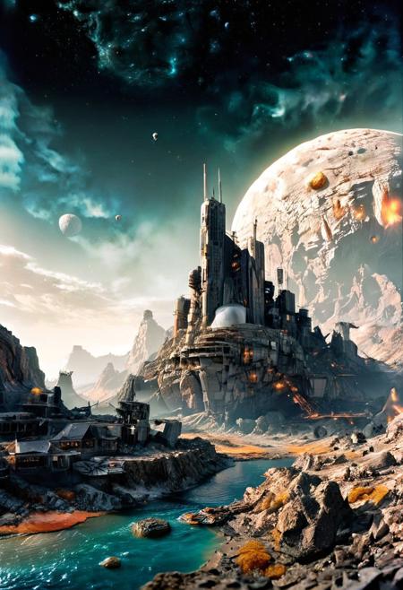 space fortress orbiting an asteroid belt