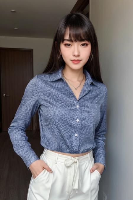 (masterpiece, best quality:1.2), 16 y.o girl, young, Realistic photo of woman, long hair, collared shirt, suit jacket, pant suit, looking at viewer, medium breasts, realistic, soft lighting, professional Photography, Photorealistic, detailed eyes, RAW, analog, sharp focus, 8k, HD, DSLR, high quality, Fujifilm XT3, film grain, award winning, smile, (upper body:1.2), (narrow waist:1.2), (slim body:1.2), (perfect body:1.2), (lean body:1.2), (lustrous skin:1.2), (slender:1.2),(thin:1.2)<lora:add_detail:0.5>, <lora:more_details:0.1>, <lora:daoko_lora:0.4>, <lora:futuaner:0.4>,