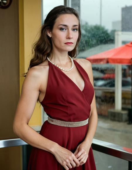 ohwx woman, 20 years old,Inside a bustling café on a rainy day, with the window revealing streaks of rain and the coziness of indoor warmth, there stands a cinematic photo, full body shot focus, Photorealistic portrait in breathtaking detail, photo scanned at ultra-high resolution, by Helmut Newton and Peter Lindbergh. Soft light source from the side, captivating expression, adorned with a statement pearl necklace on a red dress, cinched waist, sophisticated beauty, timeless elegance. 35mm photograph, film, bokeh, professional, 4k, highly detailed.