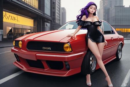 Anime, Large breast+cleavage, 1woman, photo realistic, white skin, (Urban Car Portrait:1.3), fit body, intense gaze, flawless complexion, purple hair styled in loose waves, wearing a form-fitting yellow off-the-shoulder top, (sleek car backdrop:1.2), red car, sophisticated and bold, leaning against a glossy classic car, showcasing a confident urban style, soft evening light softening her features and adding a hint of glow, depth of field focusing on the woman's expressive face, makeup perfectly accentuating her facial features, 85mm, F/1.4, urban chic, ultra-stylish, confident, powerful, captivating, hyper-realistic, super detailed, popular in urban lifestyle and fashion photography, Sharp focus on subject, excellent use of ambient light, <lora:sdxl_lightning_8step_lora:1>, center of the frame, frame center, ultra realistic, 32k,  RAW photo, (high detailed skin:1.2), 8k uhd, dslr, soft lighting, high quality, film grain, perfect body, perfect face, perfect eyes, perfect hand, perfect finger, perfect leg, perfect foot