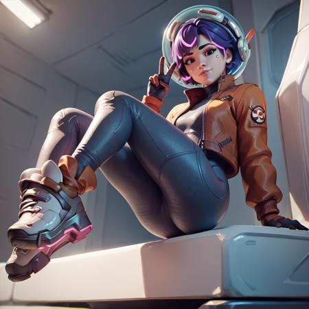 juno overwatch, purple hair, short hair, gloves, bodysuit, covered navel, breasts, medium breasts, blue gloves, multicolored hair, pink hair, space helmet