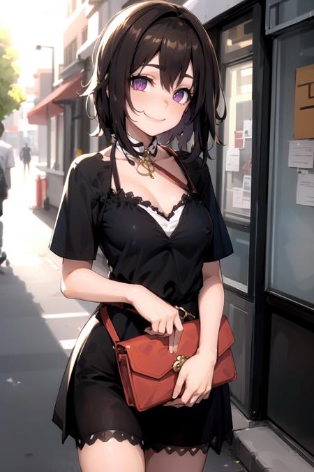 masterpiece, best quality, highres 
solo, 1girl, smile, sunshine, street
<lora:gfl_p38:0.8>brown hair, purple eyes, (gray:1.2) tight dress, long dress, short sleeves, scoop neck, collarbone, necklace, clutch bag