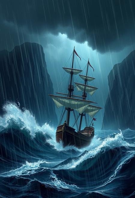 In the midst of a raging storm, a galleon battles enormous waves under a dark and ominous sky. Heavy rain lashes against the ship, drenching the deck and making it treacherously slick. Towering cliffs loom in the background, their jagged edges barely visible through the torrential downpour. The galleon, with its sails struggling against the ferocious wind, fights to stay afloat as the relentless sea threatens to engulf it. The scene is shrouded in darkness, save for the occasional flash of lightning illuminating the perilous surroundings. romantic impressionism, dream scenery art, beautiful oil matte painting, romantic, beautiful digital painting, anime landscape, romantic painting, dreamlike digital painting, colorful painting, thick brushstrokes characteristic, rough stroke, beautiful gorgeous digital art, style of greg rutkowski, thomas kinkade, janek sedlar, jenny saville