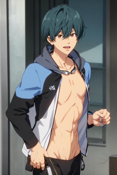 kirishima ikuya\(free!\), black legskin, swim trunks, solo, 1boy, hair between eyes, looking at viewer, brown eyes, black hair, green hair, male focus, topless male, blue jacket, goggles, goggles around neck, open clothes, open jacket,