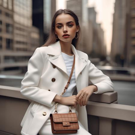 <lora:isabelamerced_xl_lora_30:1>  isabelamerced a beautiful  woman fashion full body photo, perfect face,  Realistic 8K a woman in a white dress and jacket posing for a picture with a purse on her shoulder and a handbag on her hip,  Carol Bove