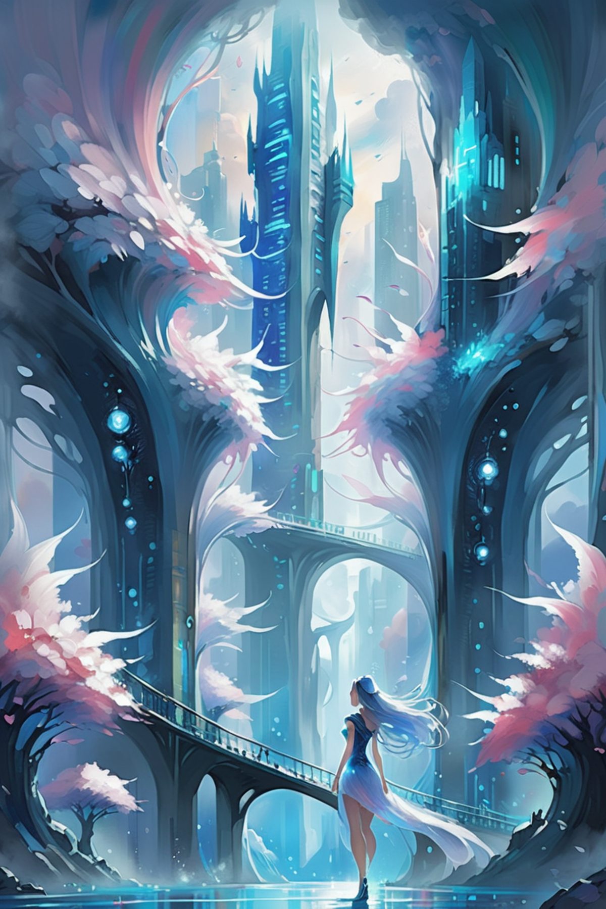 A fantasy painting of a girl walking through a futuristic city surrounded by tall buildings and a bridge.