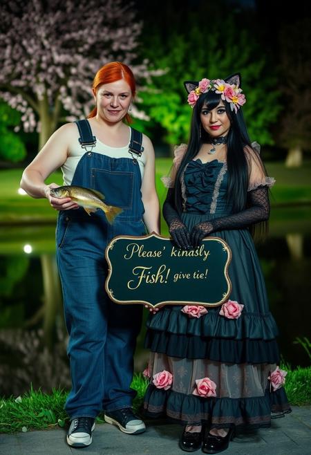 Professional photo of a 2 woman, one is a tall muscular woman ginger hair wearing overalls and a sports-bra holding a fish that she caught, the other is a beautiful mature cat-woman wearing elegant gothic dark rainbow frilly padded sweet lolitafashion dress decorated with many bow and frills. Her long straight dark hair is decorated with many flower themed accessories. She is also wearing long lace elbow gloves and cute mary janes shoes with bows. She is holding a fancy sign which says "Please kindly give me fish!" in an elaborate elegant font. She is standing in a park at night with a small lake and blooming cherry blossom trees.
sweetegl, sweetop, swe3tjsk, bl0use,
dark gothic rainbow theme, park, cherry blossom trees, lakeside, cat ears,