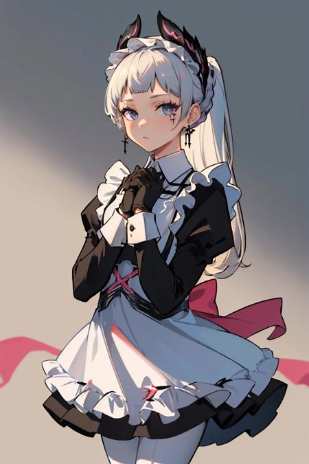 irenedef, head wings, black jacket, long sleeves, black gloves, white skirt, white pantyhose, earrings irenevoy, head wings, maid, black dress, apron, long sleeves, puffy sleeves, black gloves, white pantyhose