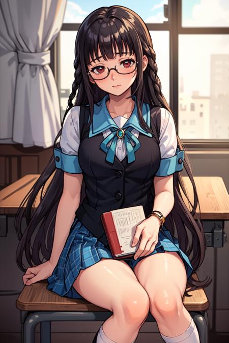 masterpiece, best quality, 1girl, <lora:Sakajo_Hikaru_v7:0.75>, classroom, sitting, shy, embarrassed, black hair, red eyes, blunt bangs, sailor collar, black vest, blue skirt, white socks, black loafers, glasses, very long hair, twin braids, blue sleeve cuffs, green ribbon, brooch, holding a book,