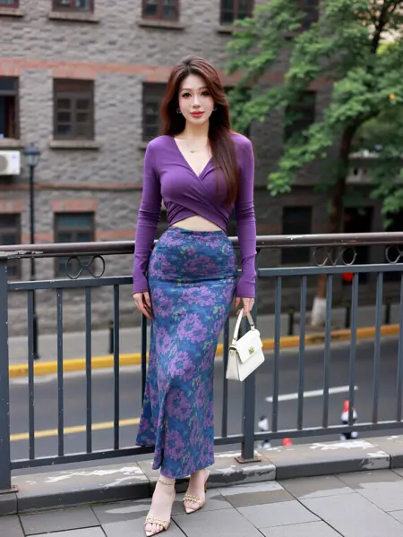 NSFW WAN2.2 T2V Purple Long-Sleeve Blouse, Blue Patterned Short Skirt, black Panties Nude High Heel