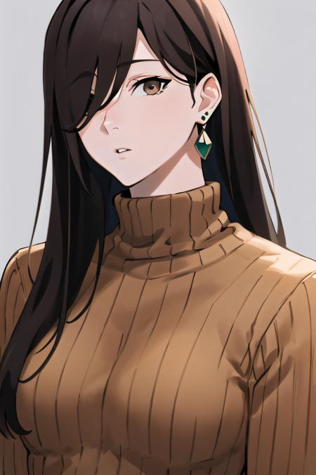 1girl,  solo,  long hair,  looking at viewer,  bangs,  simple background,  brown hair,  hair between eyes,  brown eyes,  jewelry,  upper body,  earrings,  parted lips,  hair over one eye,  sweater,  turtleneck,  eyes visible through hair,  portrait,  ribbed sweater,  turtleneck sweater,  red sweater, roru, artwork,<lora:EMS-285009-EMS:0.800000>