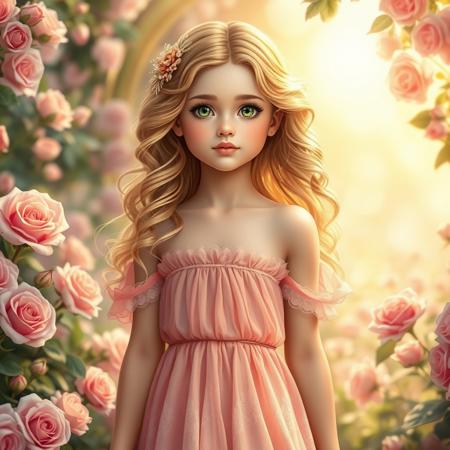A radiant and enchanting girl embodying the loving, artistic, and sensual energy of Venus, standing in a dreamy paradise filled with blooming flowers and golden light. Her presence is captivating, with soft, wavy hair and mesmerizing eyes full of passion and warmth. She wears an elegant, flowing dress in shades of pink and gold, representing beauty and love. The background is filled with roses, lush greenery, and a soft golden glow, creating an atmosphere of pure romance and harmony. She symbolizes love, attraction, and divine femininity, glowing with Venusian charm."