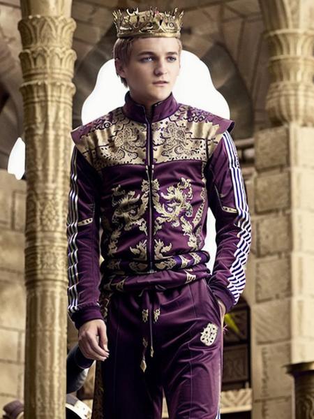 JoffreyBaratheon768,  full body, Sporty tracksuit with bold stripes and pop-color accents, crown, detailed eyes , ultra-sharpness, highest quality, art of Anya Millen, smooth, clear focus, trend on artforum, behance hd, muted colors   <lora:JoffreyBaratheon768:0.7>