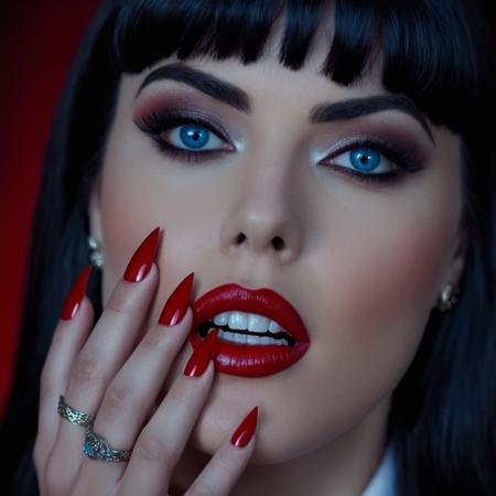 cinematic film still of  <lora:Vampirella v2:0.8>
Vampirella a closeup of a woman with red nails and a red lipstick,1girl,solo,blue eyes,black hair,jewelry,earrings,teeth,signature,nail polish,lips,eyelashes,makeup,lipstick,portrait,red nails,eyeshadow,realistic,red lips,vampire,vampiric powers,comic book,real,Vampirella style , detailed, detailed background, detailed scene, detailed teeth, detailed fangs, vampireteeth, vampirefangs, perfect, perfection, cinematic, filmic, horror (themed), shallow depth of field, vignette, highly detailed, high budget, bokeh, cinemascope, moody, epic, gorgeous, film grain, grainy