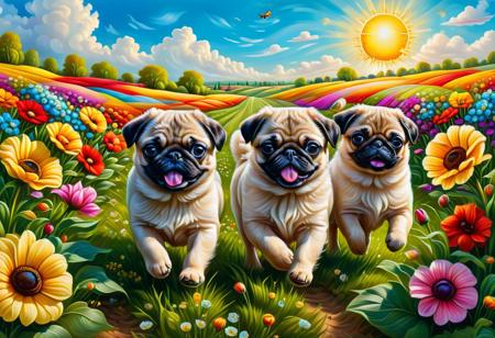 Masterpiece, highres. Highly detailed. Close-up photo of pug puppies running through field of colorful flowers, fluffy fur, huge flowers, big eyes. cute, happy, joy. The sun is shining. Blue sky with fluffy clouds.