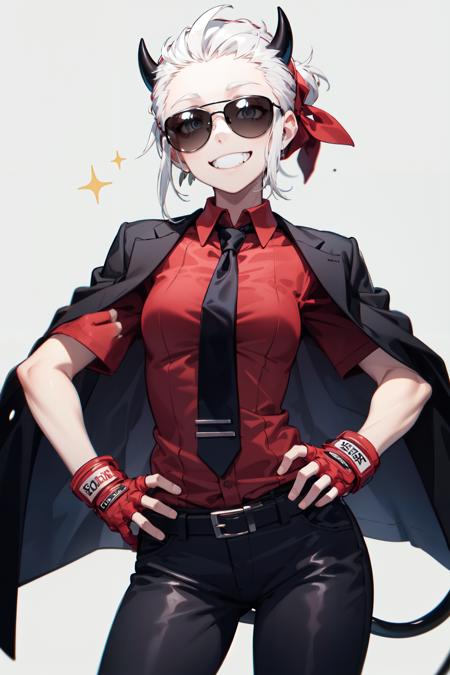 justice(helltaker), black horns, smile, tail, pants, black pants, white hair, grin, belt, sparkle, demon horns, red shirt, shirt tucked in, cowboy shot, necktie, tie clip, horns, sunglasses, simple background, fingerless gloves, black necktie, shirt, 1girl, black belt, black jacket, solo, demon girl, collared shirt, gloves, jacket, jacket on shoulders, short hair, hand on hip, demon tail, red gloves <lora:justice:1>