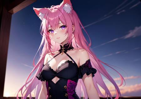 1girl, solo, bangs, red hair, (pink hair:1.1), long hair, very long hair, (purple eyes:1.1), (cat ears, animal ear fluff:1.1), , evening, gradient eyes, colored inner hair, medium breasts, (smile:0.6), (masterpiece, best quality, exceptional, extremely detailed:1.1)